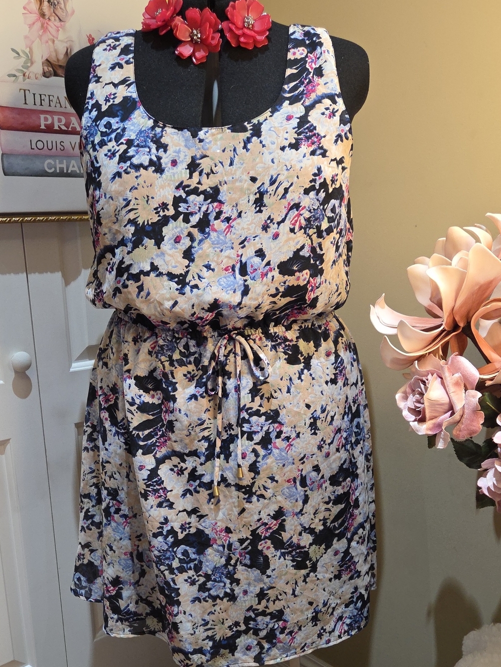 2X Speed Control Floral Tie-Waist Midi Dress - Black, Cream & Pink